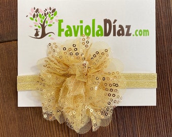 Sparkling Golden Sequin Flower Headband - Soft Elastic, Adjustable Sizes - Perfect for Photo Sessions and Daily Wear