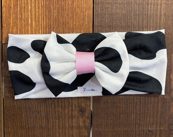 Stylish Black Cow Print Bow Headband for Baby Girls and Women Perfect Accessory for Any Outfit