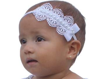 Baptism Headpiece, White Headband, Lace Headband, Baby Headband, Infant Headbands, Newborn Headband, Christening Headband, White Headpiece