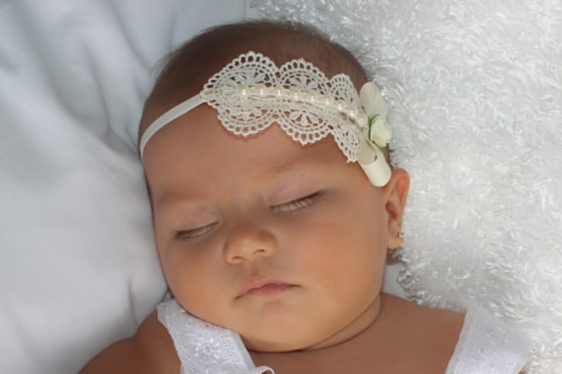 Baptism Headpiece, Ivory Headband, Lace Headband, Baby Headband, Infant Headbands, Newborn Headband, Christening Headband, Ivory Headpiece image 3