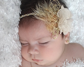 Baptism Headband, Gold Flower Headband, Baby Headband, Headbands For Babies, Gold Headband, Infant Headbands, Baptism Flower Headband