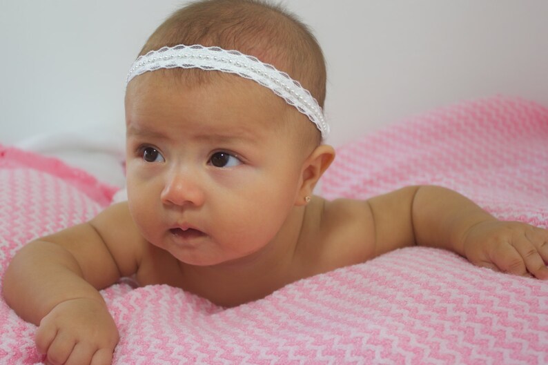 White Baby Headband Baptism Headband Pearls Headband Wedding Headpiece Baby Lace Headband Baby Halo Headband Christening Headband