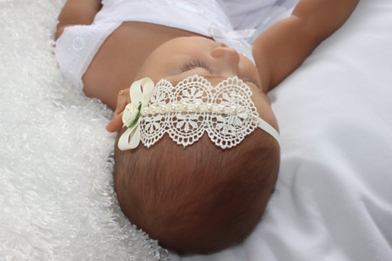 Baptism Headpiece, Ivory Headband, Lace Headband, Baby Headband, Infant Headbands, Newborn Headband, Christening Headband, Ivory Headpiece image 4