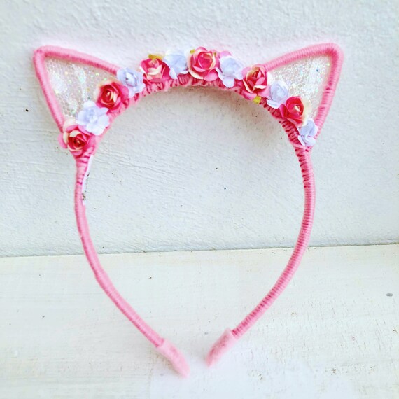 Pink Flowers Cat Ears Headband Pink Ears Headband Pink Cat Etsy