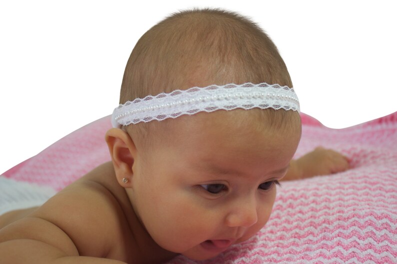 White Baby Headband Baptism Headband Pearls Headband Wedding Headpiece Baby Lace Headband Baby Halo Headband Christening Headband