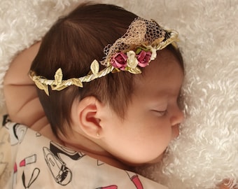 Grecian Headband, Headbands Headband, Infant Headband, Flowers Girl Headband, Pink Headband, Gold Headpiece, Gold Headband, Flower Headband