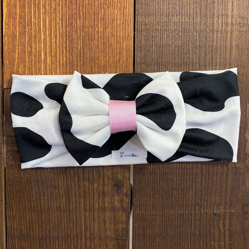 Stylish Black Cow Print Bow Headband for Baby Girls and Women Perfect Accessory for Any Outfit image 1