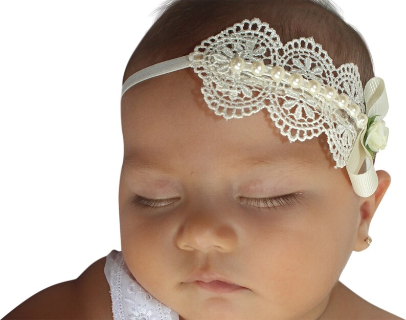 Baptism Headpiece, Ivory Headband, Lace Headband, Baby Headband, Infant Headbands, Newborn Headband, Christening Headband, Ivory Headpiece image 1