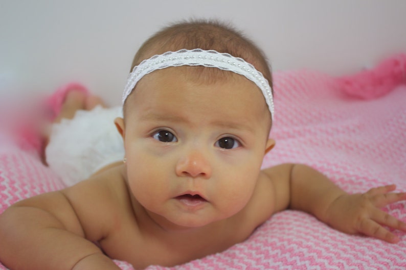 White Baby Headband Baptism Headband Pearls Headband Wedding Headpiece Baby Lace Headband Baby Halo Headband Christening Headband