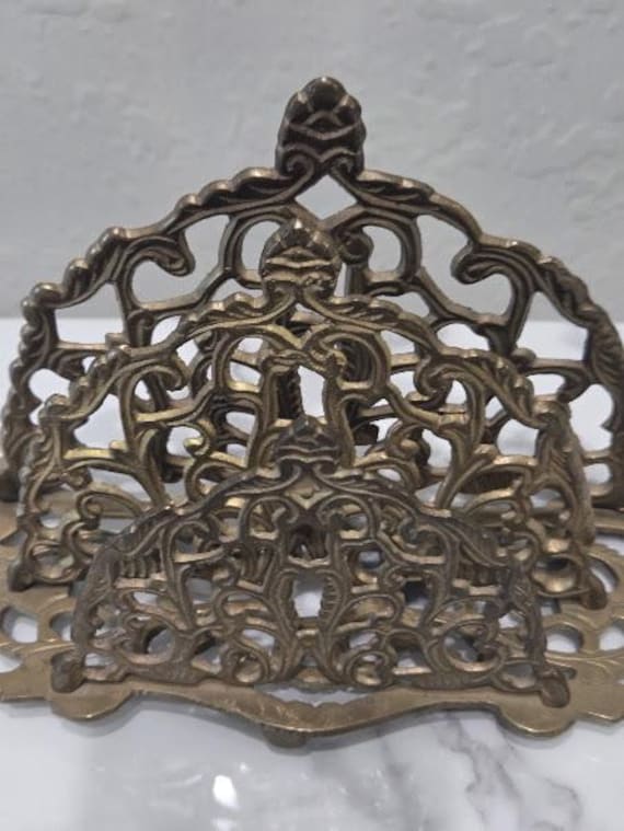 Brass Vintage Ornate Letter/ Napkin Holder.  Two Slots Filagree Art Nouveau Design Brass Letter Holder.
