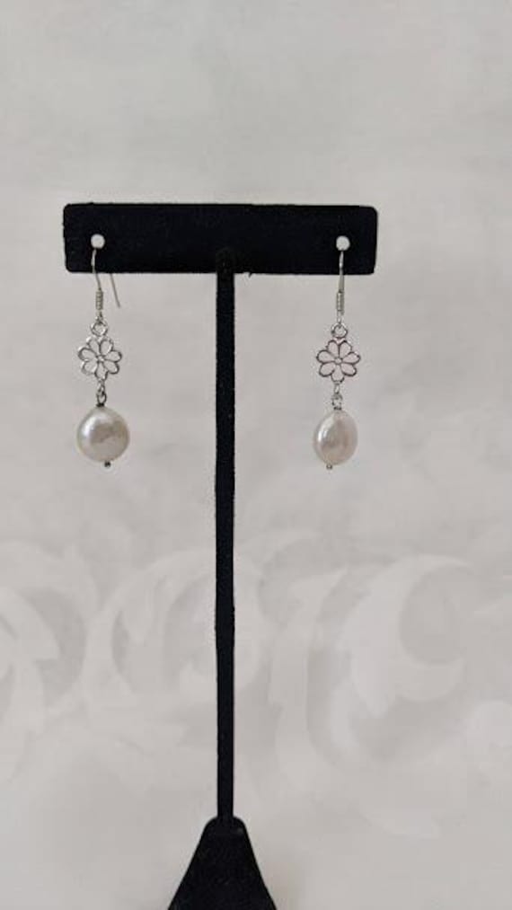Baroque White Pearl and Silver Flower French Hook Earrings