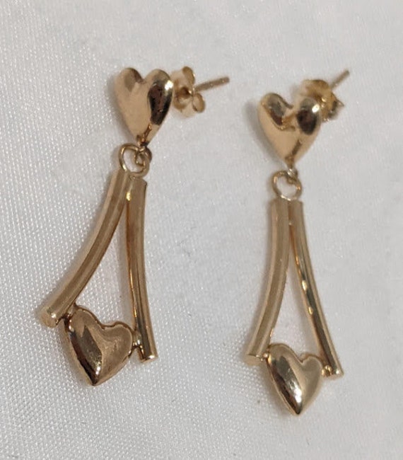 Vintage 14K Yellow Gold Dangle Heart Earrings.  Heart Post Dangle Open Bar and Heart Drop.