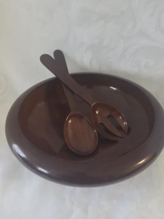 Vintage Mahogony Wood Salad/Serving Bowl with Serving Spoon & Fork