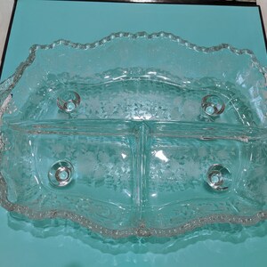 Vintage Flower Etched Depression Glass Relish Dish.  Three Part Section Relish Dish. Clear Floral Etched Depression Condiment Serving Dish.