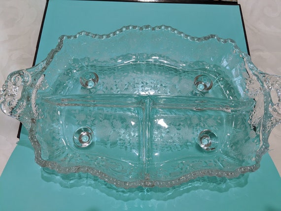 Vintage Flower Etched Depression Glass Relish Dish.  Three Part Section Relish Dish. Clear Floral Etched Depression Condiment Serving Dish.