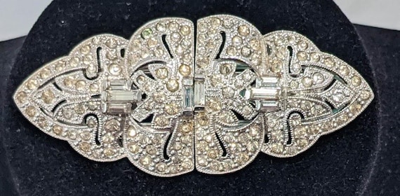 Vintage Duette Clear Crystal Stone Pin.   Silver Tone Crystal & Baguette Stone Duette Style Brooch