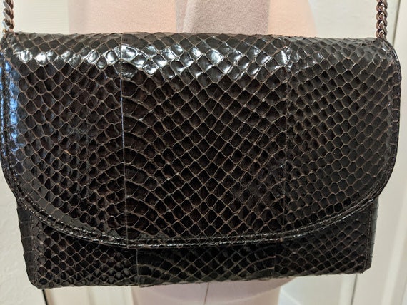 Vintage Chocolate Brown Snake Skin Leather Purse.  Snake Skin Crossbody bag. Saks Fifth Ave  SALE