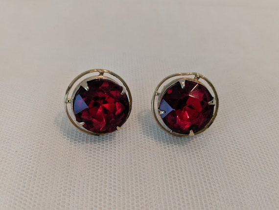 Vintage Assecocraft NYC Clip/Screwback Earrings. Red Large Rhinestone Button Vintage Earrings.