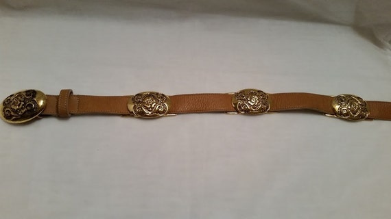 Vintage Leatherock Tan and Gold Belt. Tan Leather… - image 4