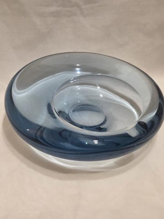 Vintage Holmegaard Blue Heavy Glass Bowl Ashtray.  Mid Century Modern Heavy Blue Glass Bowl Per Lutken Denmark