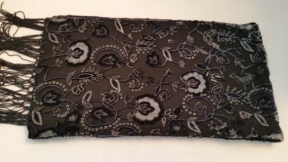 Cejon Silk & Rayon Scarf. Black and Grey Velvety Soft Fashion Scarf. Beautiful Cejon Silk Decorative Black Scarf. Designer Scarf