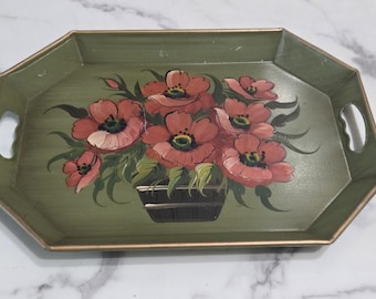 Toleware Vintage Large Octagonal Metal Serving Tray Hand Painted Red Poppy Flowers in Basket. Pilgrim Art