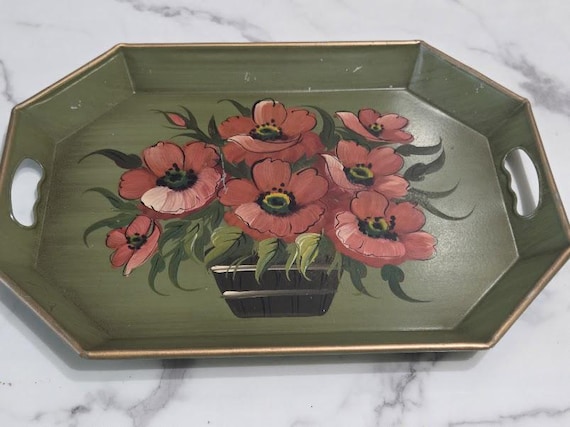 Toleware Vintage Large Octagonal Metal Serving Tray Hand Painted Red Poppy Flowers in Basket. Pilgrim Art