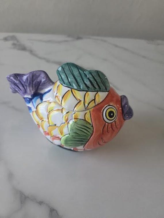 Pescada Ceramic Whimsical Hand Painted Koi Fish Sugar Bowl with Lid