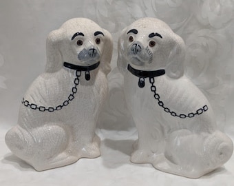 Vintage Hand Painted ceramic Spaniel Dogs.   Two Vintage Porcelain Spaniel Dogs. White and Black Porcelain Spaniel Dogs. SALE