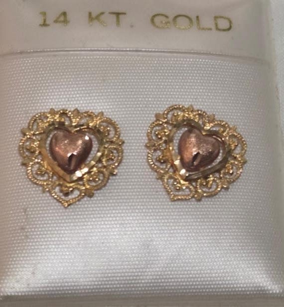 Vintage Rose and Yellow Gold Heart Earrings.  14K Gold Heart Stud Earrings.