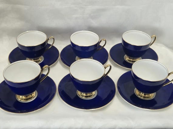 Vintage Cobalt Blue Teacups and Saucers by Shelley England. Fine China Shelley Teacup Set of Six Cobalt Blue Gold Trim and Handles.