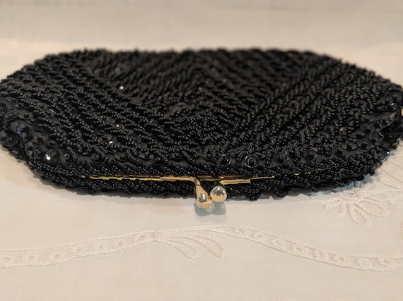 Vintage Safco Black Beaded Evening Bag.  Safco Formal Black Beaded and Squence Clutch Bag. Small Beaded Formal Bag. Evening Clutch