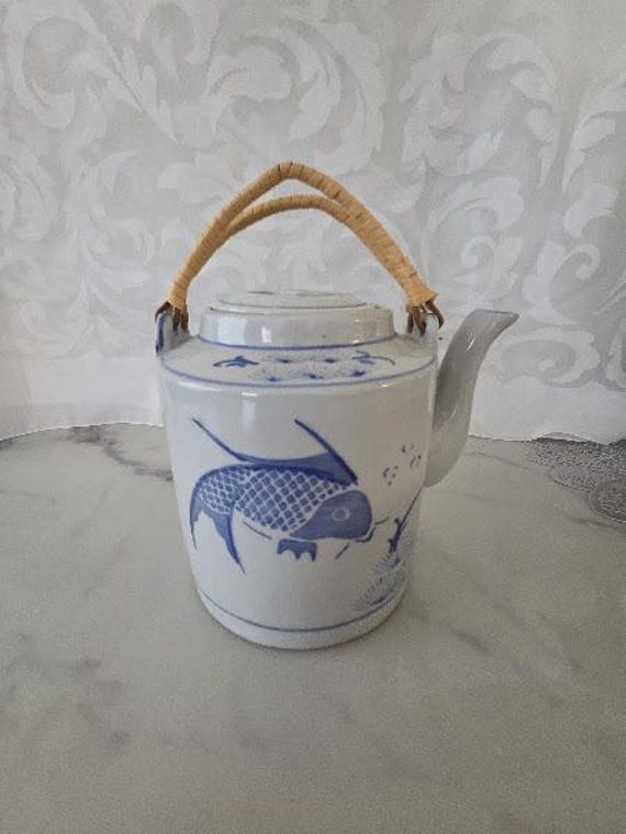 Vintage Blue Koi Fish Ceramic Teapot. Pier One Imports Blue White Ceramic Teapot with Wicker Handles