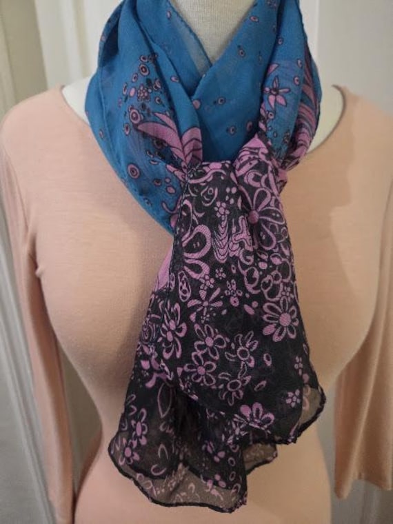 Vintage Liang Dian Silk Blend Long Teal & Fuchsia Pink Floral Scarf