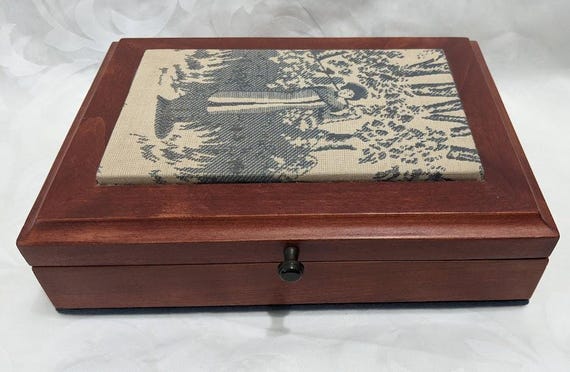 Vintage Victorian Golf Theme Mahogany Trinket Box.  Mahogany Jewelry Box Golf Theme Tapestry Top. P.S. Design Colorado Springs Co.