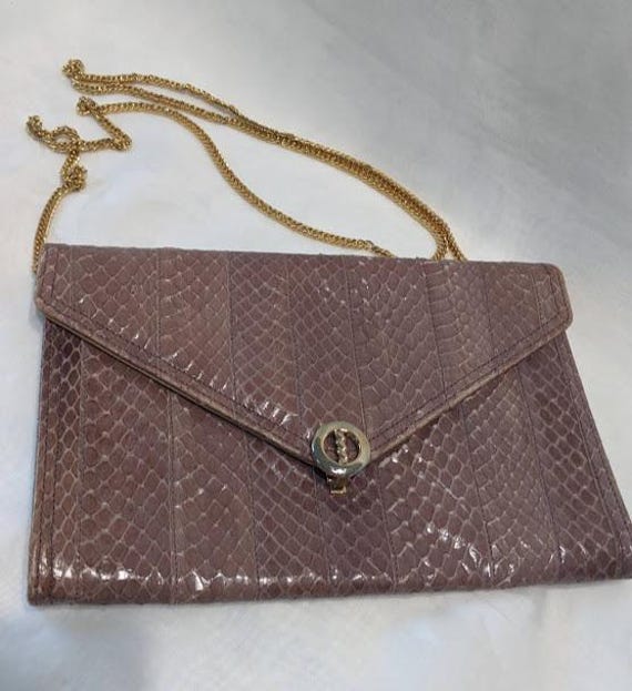 Morris Moskowitz Genuine Reptile Taupe Clutch Vintage Evening Bag.  Envelope Style Clutch with Gold Chain Strap