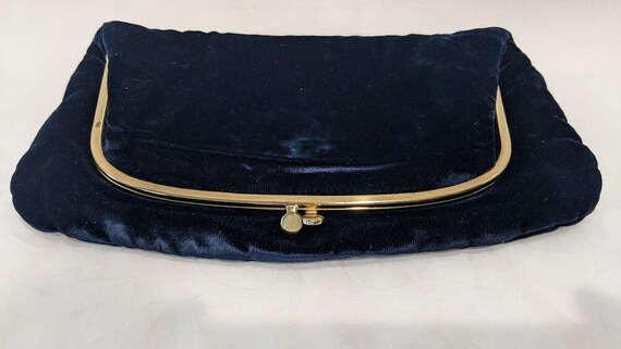 Vintage Ingber Deep Blue Velvet Fold Over Evening Clutch. Blue Velvet Oversize Coin Purse Style Formal Bag