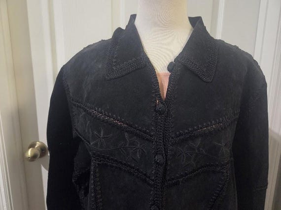 Vintage Suede Black Boho Fringe Women's Jacket.  Women's Dressbarn Size 18W Black Suede Coat Crochet Fringes