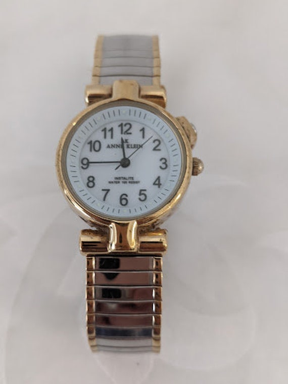 Vintage Anne Klein Quartz Watch. Stretch Two Tone Band Watch. Round Crystal Instalight Anne Klein Women's Watch.