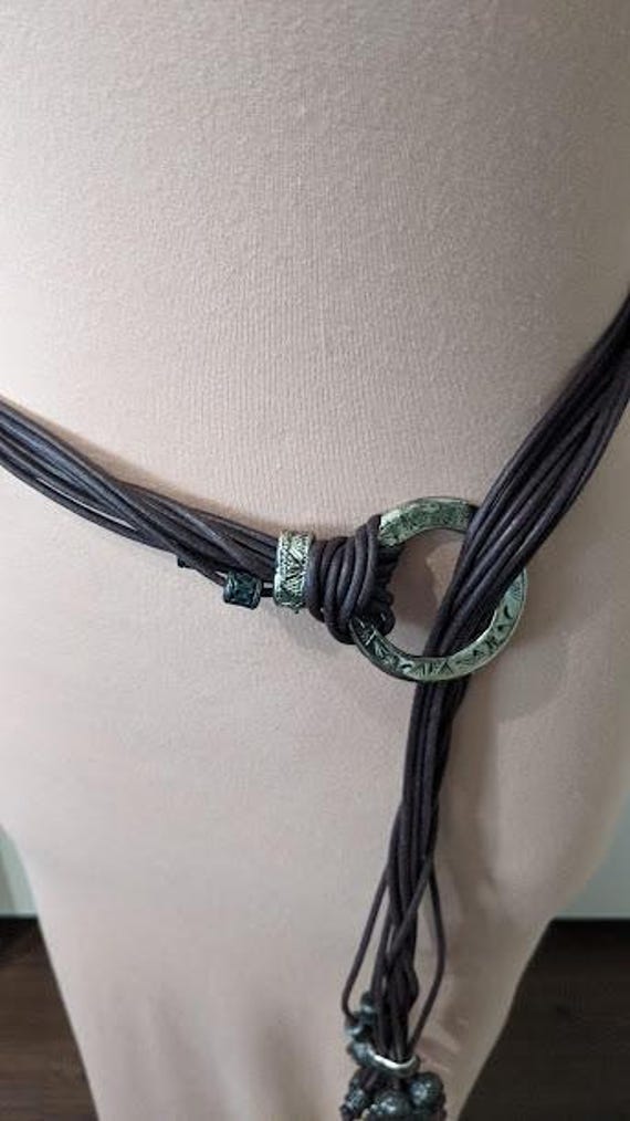Vintage Brown Faux Leather Fringe Tie Belt with Round Silver Tone Buckle and Beaded Tassels.