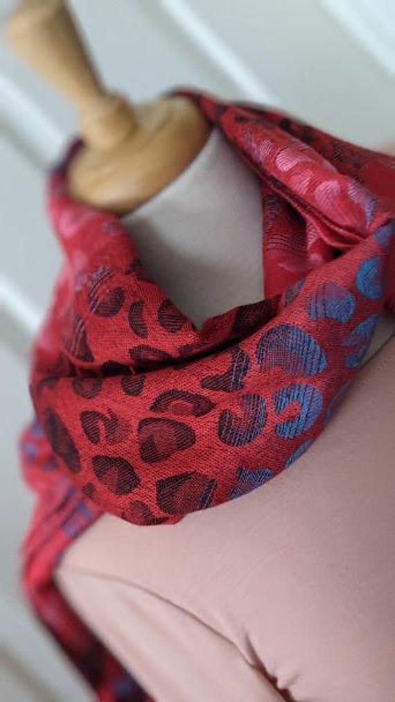Vintage Soft Red Multi Color Cheetah Print Pashmina Large Scarf.  Large Pashmina Red Multi Color Shawl