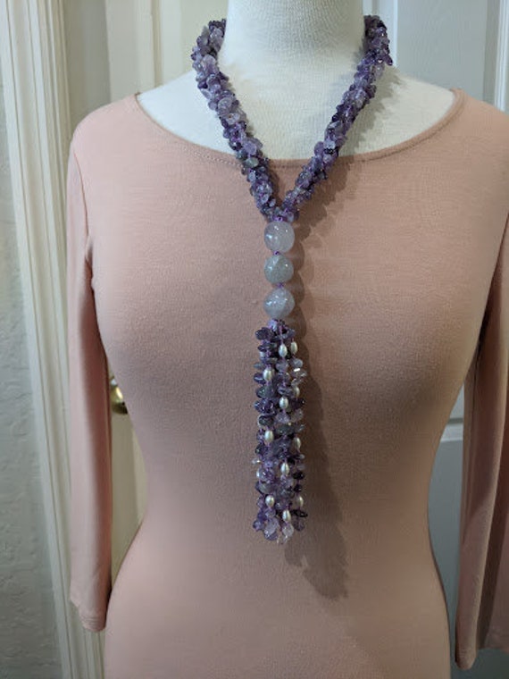 Vintage Purple Amethyst Chunky Tassel Necklace.  Amethyst Stone Chips and Fresh Water Pearl Long Necklace. (NOW ON SALE)