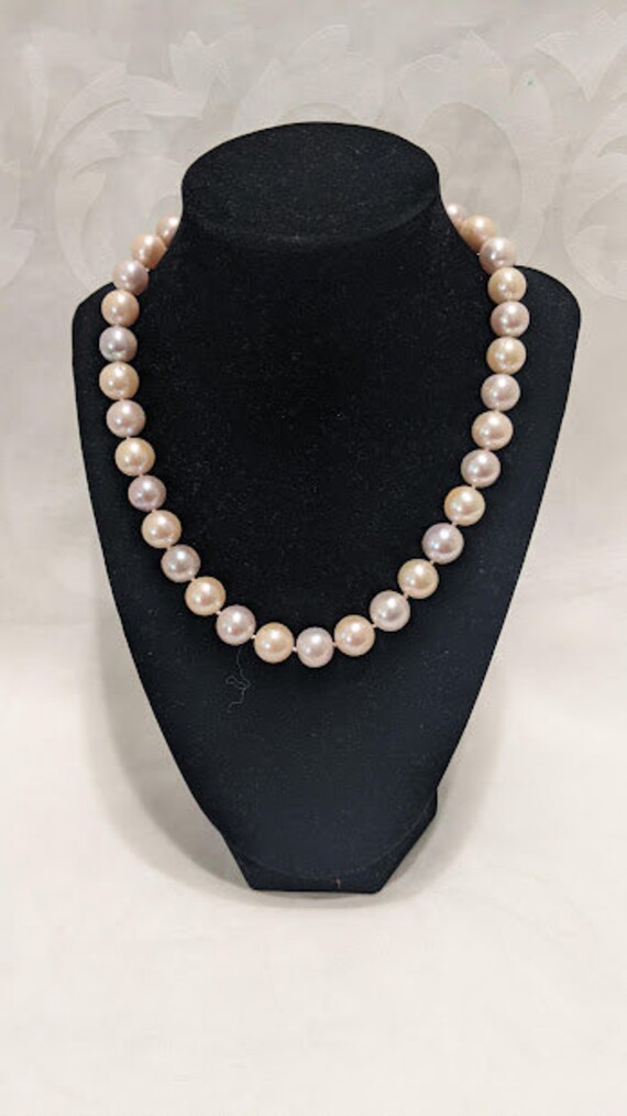 Freshwater 12/13 MM Pearl Choker Necklace With Matching Earrings. Peachy, Golden, Pink/Purple Pearls 18 Inch Necklace.