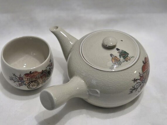 Japanese Ceramic Tea Set. Side Handle Teapot  (yokode kyūsu) Matching Cup. Japanese Kutani Teapot & Cup Oxcart Scene