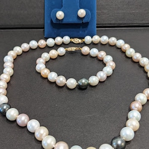 Multi Color Baroque Pearl Necklace/ Bracelet/ Earrings Set. Soft Colors of White, Pink, Cream and Gray Baroque Pearls