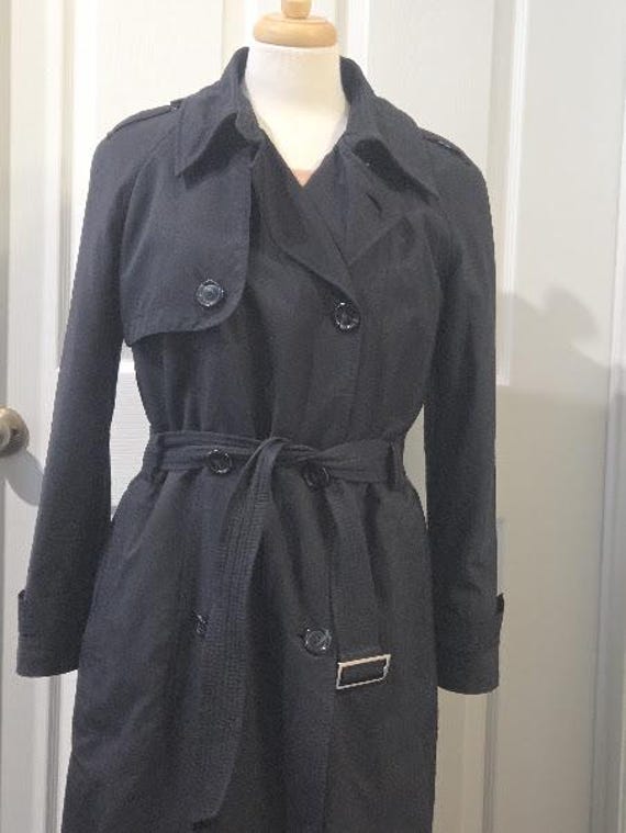 Vintage Searle Classic Women's Black Trench Coat. Double Breasted Removable Lining Black Rain Coat.