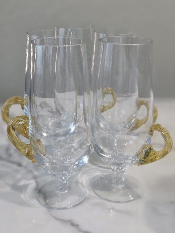 Mid Century Hand Blown Royal Copenhagen Champagne Flutes with Twist Stem and Gold Glass Handle. Set of Five