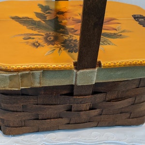 Vintage Painted Woven Basket Handbag. Decoupage Solid Wood Tan Lid/Woven Wood Basket. Flower Decoupage Signed Basket Purse/Interior Mirror