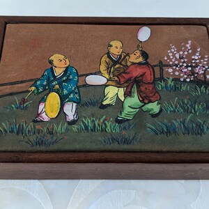 Small Vintage Wood framed Chinese Box. Original Chinese Painted of Three Men on Leather. Collectible Chinese Hand Painted Wood Jewelry Box