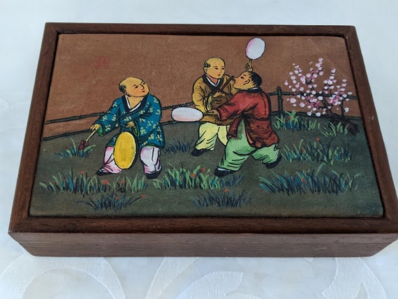 Small Vintage Wood framed Chinese Box. Original Chinese Painted of Three Men on Leather. Collectible Chinese Hand Painted Wood Jewelry Box